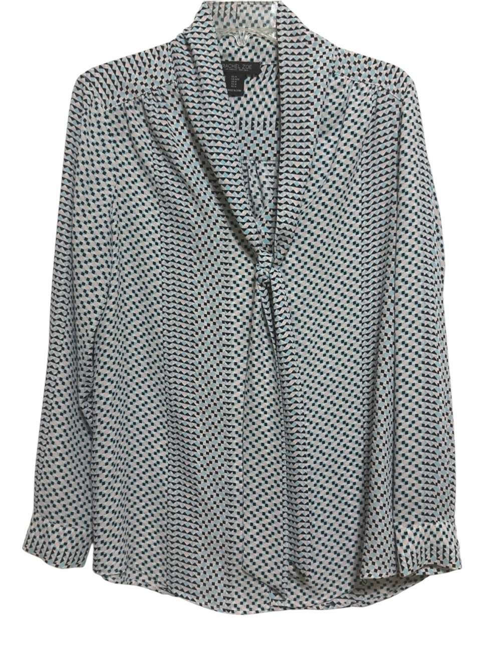 Racheal Zoe blue, green & pink lightweight  button down tie neck blouse